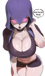 ai_assisted ai_generated big_breasts black_shirt breasts breasts_focus clash_(series) clash_of_clans clash_royale dialogue glowing_eyes hips hood large_breasts leaning_forward lips lipstick moglotbs navel no_pupils open_mouth pink_eyes russian_text shirt short_shorts shorts solo supercell tagme tank_top thick_thighs thighs thin_waist top white_background wide_hips witch_(clash_of_clans) witch_(clash_royale)