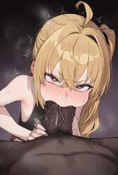 ai_generated big_penis biker_clothes biker_girl blonde_female blonde_hair blush dark-skinned_male deepthroat eyelashes fellatio generic_dark-skinned-muscular_male interracial large_penis luciana_de_montefio lucy_(zenless_zone_zero) penis pluqqi pov rolling_eyes struggling tears trembling veiny_penis zenless_zone_zero