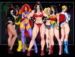 7girls abs alien alien_girl amazon ass athletic athletic_female background barbara_gordon barda_free batgirl batman_(series) big_barda big_breasts bikini_top black_hair blonde_hair blue_eyes blue_gloves breasts bust busty cleavage cleavage_cutout clothed color colored costume curvaceous curvy curvy_figure dc dc_comics eyeshadow female female_only fishnet_pantyhose fishnets gloves harley_quinn high_heel_boots high_heels hips hourglass_figure huge_breasts human humanoid kara_zor-l koriand'r large_breasts legs light_skin lips lipstick mister_miracle_(series) multiple_girls muscular_female orange_hair orange_skin power_girl short_hair starfire straight_hair supergirl superman_(series) swimwear teen_titans the_new_gods thick thick_legs thigh_boots thighs wonder_woman wonder_woman_(series) zatanna zatanna_zatara