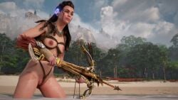 1girls 3d aloy bare_breasts bare_nipples bondage breasts crossbow female female_only game_screenshot green_eyes horizon_forbidden_west horizon_zero_dawn nipples nude_female nude_mod rope rope_bondage smiling solo standing tribal_markings trimmed_pubic_hair