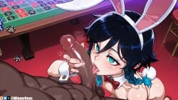 2boys ai_generated animal_ears aqua_eyes ass black_hair blue_hair blush bow bowtie braid dark-skinned_male dark_skin detached_collar erection fake_animal_ears fellatio genshin_impact gradient_hair green_eyes hair_between_eyes interracial large_penis licking licking_penis male_focus male_playboy_bunny multicolored_hair multiple_boys nude open_mouth oral otoko_no_ko patreon_username penis playboy_bunny poker_chip rabbit_ears rabbit_tail red_bow red_bowtie sweat table tail testicles tongue tongue_out twin_braids uncensored veins veiny_penis venti_(genshin_impact) wienergens wrist_cuffs yaoi