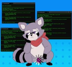 2026 animated anthro balls bored console digital_media_(artwork) fur genitals indigo_park kerchief loading_spinner male mammal markings mascot_horror meme missing_texture neckerchief neckwear penis procyonid purple_eyes raccoon rambley_raccoon simple_background solo tail text whyvern