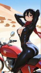 ai_generated arms_behind_head arms_up artist_name ass attack_on_titan biker_clothes bikesuit black_bodysuit black_eyes black_hair blush bodysuit breasts cleavage desert female hair_between_eyes large_breasts looking_at_viewer mikasa_ackerman motor_vehicle motorcycle on_motorcycle outdoors parted_lips patreon_logo patreon_username red_scarf scarf shingeki_no_kyojin short_hair skin_tight smile solo web_address wienergens