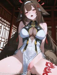 1boy ai_generated anal animal_ears arms_behind_back artist_name bare_shoulders blunt_bangs blush breasts brown_hair brown_tail censored china_dress chinese_clothes cleavage cleavage_cutout clothed_sex clothing_aside clothing_cutout covered_navel cowgirl_position dress fanbox_username female flower fox_ears fox_girl fox_tail hair_flower hair_ornament hairband half-closed_eyes horns indoors large_breasts leg_tattoo long_hair looking_at_viewer mionety mosaic_censoring motion_lines no_panties open_mouth pelvic_curtain penis pov pussy pussy_juice red_eyes sex sleeveless sleeveless_dress solo_focus spread_legs straddling straight sweat symbol-shaped_pupils tail tattoo thighs uncensored vaginal_penetration very_long_hair white_dress white_hairband ye_shunguang zenless_zone_zero