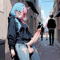 ai_generated alley bicolored_hair blue_eyes blue_hair blush clothing cum cumming cumshot futanari hoodie masturbating masturbation meimeg oc original_character pants people_in_background pink_eyes pink_hair public street