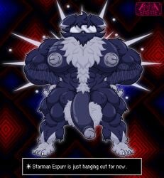 abs abstract_background absurd_res annaengine anthro arm_hair arm_tuft balls barazoku barefoot biceps big_balls big_muscles big_pecs big_penis blue_body blue_fur blue_penis body_hair butt_hair cheek_tuft chest_hair chest_tattoo chest_tuft claws clothed clothing crossover digital_drawing_(artwork) digital_media_(artwork) ear_markings earthbound_(series) english_text espurr eyewear facial_tuft fan_character feet felid feline flaccid fluffy fluffy_balls fluffy_chest foreskin front_view fur fur_markings fusion generation_6_pokemon genitals glasses glowing glowing_body grey_nipples hair hands_on_hips happy_trail head_tuft hi_res huge_muscles huge_pecs humanoid_genitalia humanoid_penis ineffective_clothing leg_tuft male mammal markings multicolored_body multicolored_fur muscular muscular_anthro muscular_arms muscular_legs muscular_male muscular_thighs nintendo nipples nude pecs penis pokemon pokemon_(species) pose psychic psychic_energy psychic_powers pubes serious shoulder_tuft solo spread_legs spreading standing starman sunglasses tattoo text text_box toe_claws tuft two_tone_body two_tone_fur visor white_body white_body_hair white_fur white_hair white_pubes