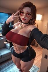 1girls 3d 3d_(artwork) abs ai ai_generated alt_girl big_ass big_breasts booty_shorts breasts brown_hair busty cardigan choker circle_glasses circular_glasses egirl female glasses hi_res high_resolution highres hipster lindsey_(oc) medium_hair muscular muscular_female petite petite_body posing radnsad red_glasses red_sunglasses selfie solo solo_female solo_focus sunglasses tagme thick_ass thick_thighs tinted_eyewear tubetop underboob