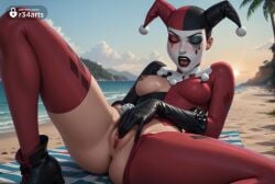 1girls ai_generated batman:_the_animated_series batman_(series) beach black_footwear black_gloves black_hair bodysuit boots breasts closed_eyes clothed_masturbation covered_nipples dc dc_animated_universe dc_comics dcau facepaint female female_masturbation fingering gloves harley_quinn harley_quinn_(classic) harley_quinn_(dcau) hat hi_res jester jester_cap knee_up lipstick lying makeup mask masturbation medium_breasts multicolored_clothes nipples ocean on_back one_breast_out open_mouth outdoors palm_tree pussy pussy_juice r34arts red_bodysuit red_thighhighs sand sky solo solo_female spread_legs teeth thighhighs towel tree uncensored