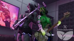 3d abs athletic_female breasts demon_girl elverdulero98 fit_female floyd_rose fortnite guitar horns ravina_(fortnite) telecaster_bass undying_sorrow_(fortnite) yuri