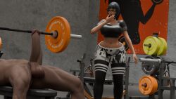 1girls ass big_ass big_breasts big_thighs curvy dark-skinned_male dark_skin dumbbell fortnite gym gym_uniform mari_(fortnite) penis polo_shirt shadow_ops surprised surprised_expression weights