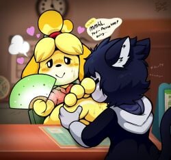 4_toes animal_crossing anthro blush blush_lines blush_stickers bodily_fluids canid canine canis dialogue domestic_cat domestic_dog electricsnowfox english_text feet felid feline felis female foot_fetish foot_focus foot_lick heat_(temperature) hi_res humanoid_feet isabelle_(animal_crossing) licking licking_soles male mammal nintendo plantigrade soles speech_bubble sweat sweaty_feet tagme text toes tongue