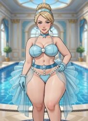 ai_generated bikini blonde_hair blurry_background bustle cel_shading choker cinderella_(1950_film) cinderella_(disney) disney disney_princess earrings elegant fancy_clothing female frilled_gloves frilly_gloves gloves grok hair_band hair_bun hairband hand_on_hip hourglass_figure one_hand_on_hip ornament pearls princess rgomez007 royalty solo_female star_choker star_earrings thick_thighs transparent_clothing updo waist_accessory waistband wide_hips