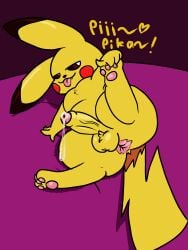absurd_res anus black_eyes bodily_fluids chibitay dripping feral fur generation_1_pokemon genital_fluids genitals hi_res leaking_precum nintendo pawpads paws penis pikachu pokemon pokemon_(species) precum precum_drip red_cheeks spread_legs spreading tongue tongue_out yellow_body yellow_fur