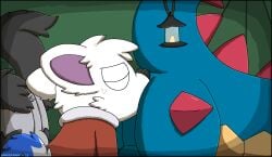 2022 2d_animation anal animated anthro anus artist_name ass back_spikes balls black_body black_fur blue_body blue_fur blue_scales canid canine canis cheek_tuft closed_eyes clothed clothed_anthro clothed_male clothing dated digital_media_(artwork) dipstick_tail druddigon facial_tuft feral fur generation_3_pokemon generation_5_pokemon genitals grey_body grey_fur group head_tuft inside_tent lamp lantern male mammal markings mightyena nintendo oral pixel_(artwork) pixel_animation pokemon pokemon_(species) raised_tail rimjob rimming scales sex spiked_tail spikes spikes_(anatomy) tail tail_markings tan_body tan_scales text tilde_after_text trio tuft white_body white_fur wolf zandermanith