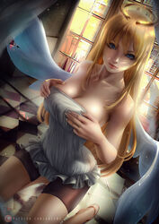 angel angel_girl angel_wings axsens big_breasts blonde_hair blue_eyes breasts cleavage clothed clothing crimvael hands_on_breasts ishuzoku_reviewers on_knees shirt shorts