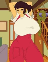 arms_behind_head arms_up artvi baggy_pants belly brown_hair cleavage confident crop_top curvy dark_hair doorway explicit female hanging_plant happy highres huge_breasts indoors looking_at_viewer massive_breasts midriff min-ju_pak mommy mummy navel nickelodeon nsfw open_mouth original outside overalls plant plump ponytail potted_plant red_overalls red_pants relaxed room short_hair smile solo stairs suspenders tagme thick_thighs underboob very_large_breasts white_crop_top wide_hips wooden_floor wooden_wall wylde_pak