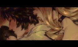 2girls bite bite_mark bite_mark_on_neck black_hair blonde_female blonde_hair blush choker closed_eyes daisanfar devil_may_cry devil_may_cry_5 fangs female female_focus female_only fully_clothed fully_clothed_female lady_(devil_may_cry) lesbian_kiss licking licking_neck long_hair neck_kiss saliva saliva_trail scar scar_on_face sharp_teeth short_hair trish_(devil_may_cry) yuri