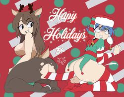 1boy 1girls anal balls big_ass big_breasts blue_hair brown_hair christmas_elf cosplay daidus do’s double_dildo elf_costume emirichu feet hat implied_penetration long_hair looking_back male_penetrated pantyhose reindeer reindeer_costume ripped_pantyhose short_hair stockings testicles text thick_thighs vaz0v youtube youtuber