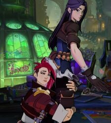 2girls 2xko arcane_caitlyn arcane_vi assworship blender_(software) blue_hair caitlyn_kiramman cel_shading clothed face_in_ass holding_legs jinx3dnsfw muscular_female pleasure_face red_hair rendered skirt_lift twistedraven vi vi_(league_of_legends) yuri