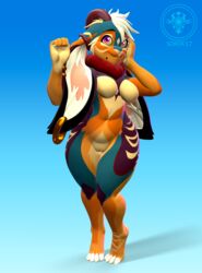 2021 anthro breasts ear_piercing ear_ring female fur genitals green_body green_fur hand_on_cheek hi_res lagomorph legs_together leporid mammal nude orange_body orange_fur peach_pussy piercing pink_eyes pussy rabbit simple_background slightly_chubby solo sorok17 thank_you white_body white_fur