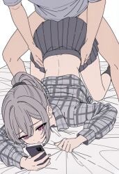 all_fours baggy_clothes bed blush crop_top distracted female gripping_sheets inminent_sex phone pink_eyes plaid_shirt pleated_skirt ponytail sheet_grab simple_background skirt slap_mark spread_legs