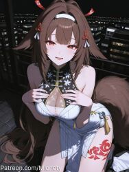 :d ai_generated animal_ears artist_name bare_arms bare_shoulders blush breasts brown_hair brown_tail building china_dress chinese_clothes city cityscape cleavage cleavage_cutout clothing_cutout dog_ears dress female fox_girl hair_intakes hair_ornament hairband hand_on_own_chest hands_on_own_chest kneeling large_breasts leg_tattoo long_hair looking_at_viewer mionety mole night open_mouth patreon_username pelvic_curtain red_eyes see-through side_slit sidelocks sitting sleeveless sleeveless_dress smile solo tail tattoo thighs very_long_hair white_dress white_footwear white_hairband ye_shunguang zenless_zone_zero