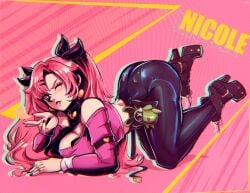 1girls 2024 all_fours ass ass_up big_ass black_pants boots bottomwear breasts clothing crop_top ear_piercing earrings female female_only footwear green_eyes hair hair_ribbon hairclip heart heart_earrings high_heel_boots lips long_hair mole mole_under_eye nails nico_artooo nicole_demara one_eye_closed pants parted_lips pink_crop_top pink_hair plushie solo solo_female topwear twintails wink winking zenless_zone_zero