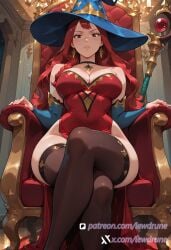 ai_generated anime braids brown_eyes curvaceous deep_cleavage fairy_tail female from_below illustration indoors large_breasts legs_crossed lewdrune long_hair looking_down red_dress sitting solo solo_focus staff thighhighs throne throne_room wide_hips witch_hat