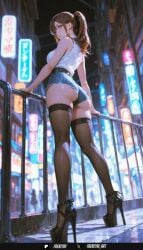ai_generated ass bangs bare_shoulders belt black_footwear black_panties black_thighhighs blue_eyes breasts brown_hair denim denim_shorts female frenzyai from_behind from_below full_body green_eyes high_heels long_hair looking_at_viewer looking_back night original original_character outdoors panties ponytail railing shirt short_shorts shorts skindentation sleeveless sleeveless_shirt solo standing thighhighs thighs underwear white_shirt