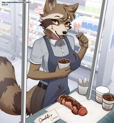 1futa anthro apron breasts brown_body brown_fur candy chocolate clothed clothing cutlery dark-skinned_futanari dessert detailed_background erection food food_fetish food_play fur furry futa_only futanari genitals hi_res humanoid_penis intersex kitchen_utensils large_breasts large_penis looking_at_viewer mammal mostly_clothed open_mouth open_smile penis penis_out procyonid public public_exposure pudding raccoon riska_(artist) ryai_(character) shopping_cart smile solo spoon supermarket teeth text tools url white_body white_fur yellow_eyes