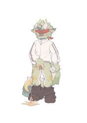 2_horns accessory animal_genitalia animal_penis anthro black_clothing black_footwear black_socks blush bodily_fluids bottomwear bottomwear_down cetacean_genitalia cetacean_penis clothed clothing dragon embarrassed erection footwear front_view genital_fluids genitals green_eyes headband hi_res holding_tissue horn jacket long_socks male mouth_closed mythological_creature mythological_scalie mythology nervous pants pants_down partially_clothed peeing penis sackless scalie senuo simple_background socks solo standing sweat tapering_penis topwear urine urine_stream white_background