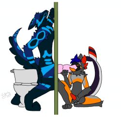 animal_genitalia animal_penis anthro blue_body blue_eyes blue_fur canid canine canine_genitalia canine_penis canis duo fur genitals glory_hole grey_body hair henry_ggpioor henrytheprotogay hesed_(levovan1337) hi_res kneeling_oral_position machine male male/male mammal multicolored_body oral penis protogen protogen_armor protogen_visor red_penis shark_tail sitting toilet wolf