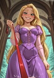 ai_generated artist_name blonde_hair blush breasts cleavage clenched_hand clothing collar collarbone cowboy_shot cross-laced_dress disney disney_princess dress female female_pov femdom from_below green_eyes grin holding holding_leash indoors jousneystudio juliet_sleeves leash leash_pull long_hair long_sleeves looking_at_viewer looking_down medium_breasts patreon_username pov_hands puffy_short_sleeves puffy_sleeves purple_dress rapunzel rapunzel_(tangled) short_sleeves small_breasts smile solo solo_focus standing striped_sleeves tangled tangled_(disney) teeth trembling very_long_hair viewer_holding_leash window