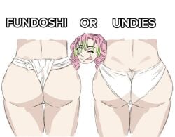 ass ass_cleavage ass_crack ass_focus braided_hair demon_slayer fundoshi gammatea green_eyes japanese_clothes kanroji_mitsuri kimetsu_no_yaiba panties pink_hair text tongue_out underwear wink