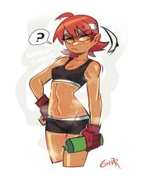 bottle dark-skinned_female dark_skin drinking exercise exercise_clothing female fit gerph red_hair solo sweat sweatdrop sweating sweaty sweaty_body tomboy