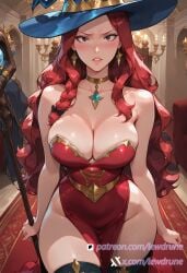 ai_generated blush braids brown_eyes curvaceous deep_cleavage fairy_tail female indoors large_breasts lewdrune long_hair looking_at_viewer parted_lips red_dress solo staff thighhighs throne_room wide_hips witch_hat