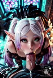 1boy ai_generated ai_video alberist all_fours audio bare_shoulders black_clothing candle cathedral choker church cum cum_in_mouth cum_inside deepthroat earrings elf elf_ears eyeshadow fake_art fellatio female frieren from_above full_body goth gradient_hair green_eyes jewelry lace_trim large_penis lavender_hair looking_at_viewer makeup mascara moaning moaning_on_cock narrow_waist oral oral_sex purple_hair skirt small_breasts sousou_no_frieren tagme thick_lips twintails video white_hair