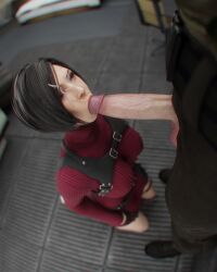 1boy 1girls 3d 3d_(artwork) ada_wong asian asian_female big_penis blowjob clothed clothing cum cum_on_face facial fellatio highres just_the_tip kneeling leon_scott_kennedy light-skinned_female light-skinned_male light_skin on_knees one_eye_closed opala3d penis_out resident_evil resident_evil_4 short_hair