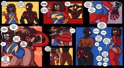 ass_expansion big_breasts bottomless_female breast_expansion comic dark-skinned_female dark-skinned_male deepthroat dialogue dirty_talk doggy_style dressing_room facial fat_ass fellatio_gesture instant_loss interracial kamala_khan marvel miles_morales ms._marvel ms._marvel_(kamala_khan) ms_marvel shirtless_male spider-man spider-man_(series) stretching vigilante_ink
