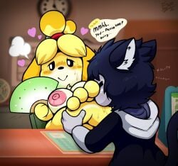 4_toes animal_crossing anthro areola blush blush_lines blush_stickers bodily_fluids breasts canid canine canis dialogue domestic_cat domestic_dog electricsnowfox english_text feet felid feline felis female foot_fetish foot_focus foot_lick heat_(temperature) hi_res humanoid_feet isabelle_(animal_crossing) licking licking_soles male mammal nintendo nipple_dip nipples nude nude_anthro nude_female pink_nipples plantigrade soles speech_bubble sweat sweaty_feet tagme text toes tongue