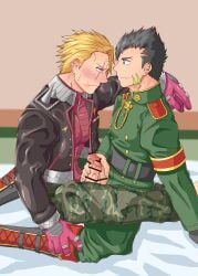 2boys abs armband badge big_glans big_penis black_eyes black_hair blonde_hair blush boots camouflage_pants censor_bar censored censored_penis compass_(game) duo erection eyelashes foreskin foreskin_folds forked_eyebrows formal_wear fully_clothed gay gloves gustav_heidrich handjob hi_res holding_penis interracial jacket light_skin looking_at_another male male/male male_only mature_male military military_uniform pecs penis pointless_censoring purple_eyes red_glans retracted_foreskin ryotaro_810 scar scar_across_eye scar_on_face short_hair side_view simple_background sitting sitting_on_lap sitting_on_person smile spikes spiky_hair tadaomi_ouka thick_penis tight_clothing tough_guy uncircumcised uncut unzipped veiny_penis very_high_resolution wrinkles yaoi