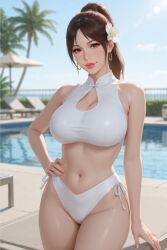 ai_generated bikini blouse blurred_background blurry_background brunette_hair busty chinese_clothes cleavage_cutout collared_blouse earrings female flower_in_hair hair_strand hand_on_hip hoop_earrings looking_at_viewer lounge_chair one_hand_on_hip palm_tree ponytail poolside rgomez007 side-tie_bikini_bottom side_swept_bangs sky smile solo_female stable_diffusion thick_lips thick_thighs white_clothing wide_hips
