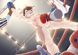 anthro antlers betsuto biped blue_clothing blue_eyes blue_gloves blue_handwear bodily_fluids boxing boxing_gloves brown_hair bruised clothing cum deer defeated disembodied_hand ejaculation erection fight fighting_ring fur fur_tuft genital_fluids genitals glovejob gloves hair handjob handwear hi_res holding_arm horn humanoid_genitalia humanoid_penis inner_ear_fluff kemono low-angle_view male mammal mouthguard nude nude_male one_eye_closed open_mouth orgasm penile penis perineum red_clothing red_handwear referee sex sport stroking_penis sweat tail tuft vikipedeer worm's-eye_view