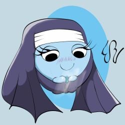 absurd_res blue_body blue_vulva clitoris clothed clothing dragon_quest eddiebrije eyelashes female feral genitals goo_creature hi_res mother_glooperior mythological_creature mythology nun_habit religious_clothing simple_background slime_(blob) slime_(dragon_quest) smile solo square_enix vulva waddling_head