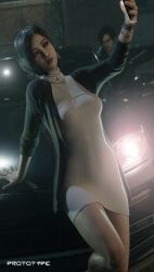 resident_evil resident_evil_4 ada_wong resident_evil_4_remake ada_wong_(adriana) chinese_female asian asian_female short_hair black_hair brown_eyes fit_female female 3d_(artwork) 3d_model 3d_render resident_evil_9:_requiem leon_scott_kennedy selfie selfie_pose white_dress dress black_jacket black_coat porsche car posing_with_car jewelry pearl_necklace necklace night earrings prototype_(artist)