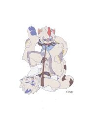 1_horn 4_toes anal anal_sex anthro band-aid band-aid_on_face band-aid_on_nose bandage bandage_on_face bandage_on_nose blue_clothing blue_shirt blue_topwear blush bodily_fluids bottomless canid chastity_cage chastity_device clothed clothing cum cum_drip dripping duo feet foot_fetish foot_sniffing footwear genital_fluids hair half-closed_eyes hi_res horn legs_grab lying male male/male mammal narrowed_eyes necktie open_clothing open_shirt open_topwear penetration penile penile_penetration penis_in_ass purple_eyes senuo shirt signature simple_background sniffing socks standing stomach_bulge t-shirt three-quarter_view toes tongue tongue_out topwear upside-down white_background white_body white_clothing white_footwear white_hair white_shirt white_socks white_topwear