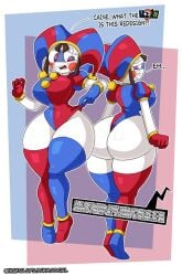 alternate_body_type alternate_breast_size big_breasts brown_hair clown_girl corset dialogue leotard nickolewds off_screen_character pomni_(the_amazing_digital_circus) tagme the_amazing_digital_circus thick_thighs upset