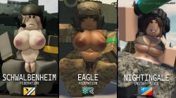 3d 3girls areola_slip areolae belly_button big_breasts bra breasts breasts_out clothing female female_only jumpsuit mtc multicrew_tank_combat nipples open_clothes pubic_hair pussy pussy_out roblox roblox_game robloxian stomach tagme vinarr34