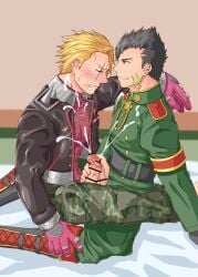 2boys abs armband badge big_glans big_penis black_eyes black_hair blonde_hair blush boots camouflage_pants censor_bar censored censored_penis closed_eyes compass_(game) cum cum_explosion cum_fountain cum_on_upper_body cum_splatter cum_string duo ejaculation erection eyelashes foreskin foreskin_folds forked_eyebrows formal_wear fully_clothed gay gloves grin gustav_heidrich handjob hi_res holding_penis intense_orgasm interracial jacket light_skin looking_at_another male male/male male_only mature_male military military_uniform orgasm pecs penis pointless_censoring red_glans retracted_foreskin ryotaro_810 scar scar_across_eye scar_on_face semen short_hair side_view simple_background simultaneous_orgasms sitting sitting_on_lap sitting_on_person spikes spiky_hair tadaomi_ouka thick_cum thick_penis tight_clothing tough_guy uncircumcised uncut unzipped veiny_penis very_high_resolution wince wrinkles yaoi