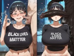 1girls 2boys 2koma ai_generated big_breasts big_cock big_penis black_lives_matter black_shirt breasts cant_see_the_haters cock_shock comparison dark-skinned_male dark_skin female generic_dark-skinned-muscular_male hearts_around_head huge_cock interracial kirigaya_suguha large_breasts light-skinned_female light-skinned_male light_skin male netorare ntr penis penis_comparison penis_on_cheek penis_on_face penis_over_eyes penis_size_comparison penis_size_difference shirt short_hair small_penis small_penis_gesture small_penis_humiliation sword_art_online